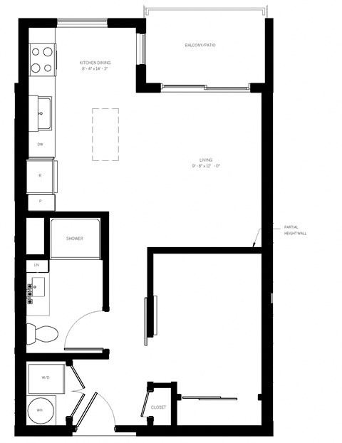 Floor plan for studio, 1 bath, 610 sqft